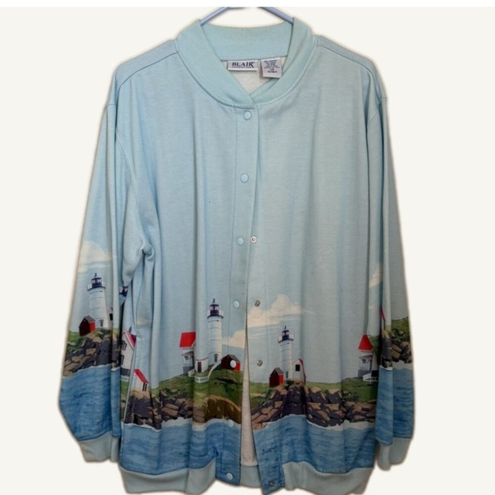 Blair Women's Large Lighthouse Print Button-Up Jacket Light Blue Fleece Lined